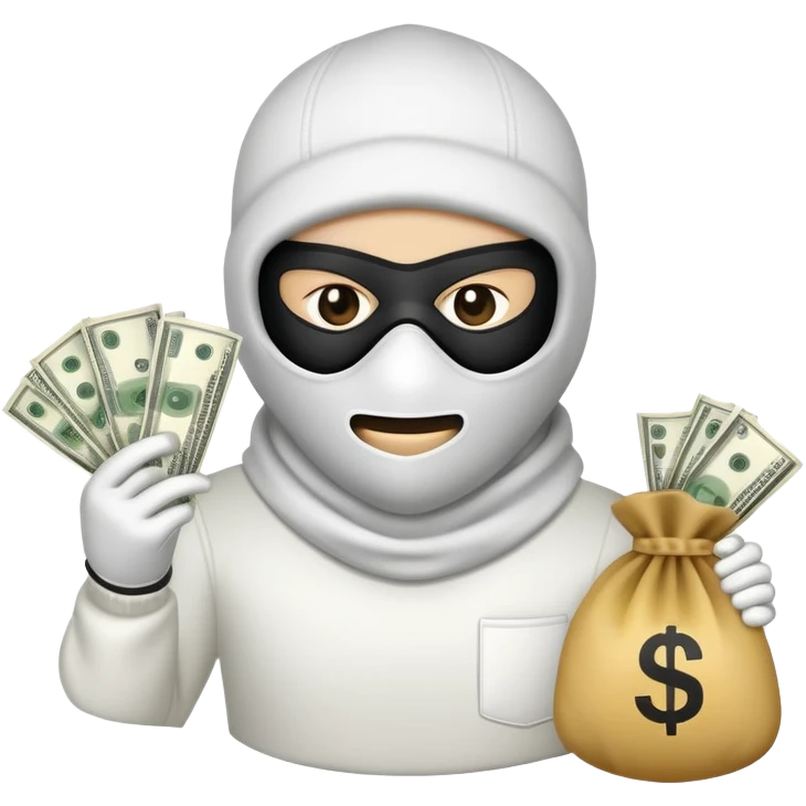 Ski mask holding money bag with white face emoji