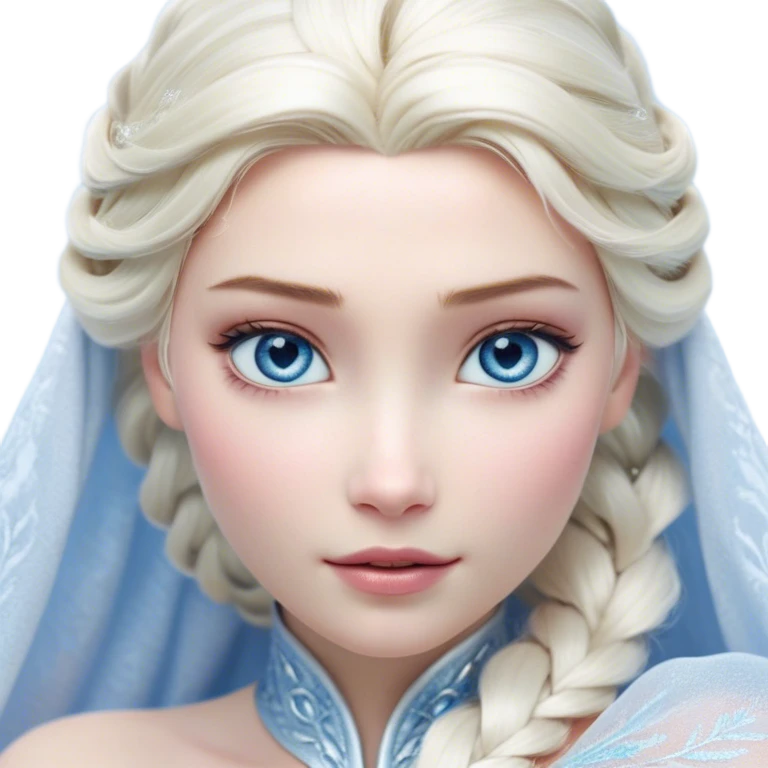 Cinematic Realistic Elsa Portrait, depicted with lifelike skin texture, soft natural lighting, and intricately detailed platinum blonde hair styled elegantly. Her striking, expressive blue eyes exude confidence and grace, complemented by a serene and regal expression. She is dressed in her signature icy attire, with shimmering fabric textures and delicate folds that catch the light beautifully. The portrait features a soft, enchanting glow with a cool, radiant finish, capturing the essence of timeless elegance in a realistic and painterly style, evoking a sense of depth and authenticity. emoji