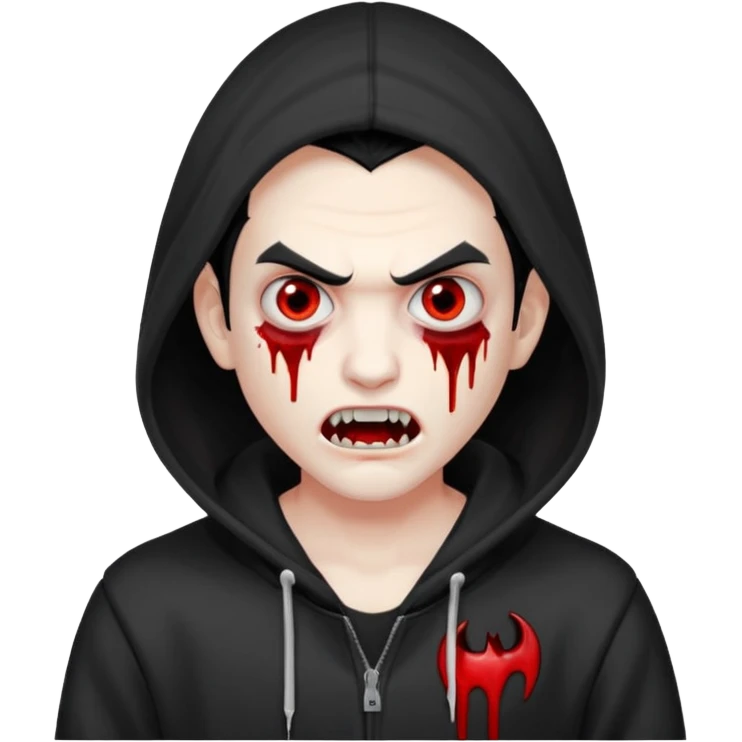 Vampire with gray white skin and full white eyes and bloody fangs and a black hoodie and scary face and black hair  emoji