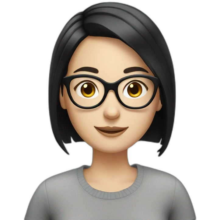 White girl with short black hair and glasses smilling emoji