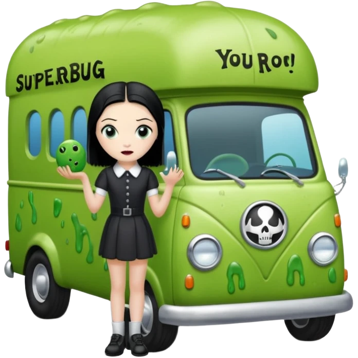 Heroic  Wednesday Adam’s SuperBug Ron’s slime-oozing exterminator antique tall moving van hot rod(motto: You pay me now!) emoji