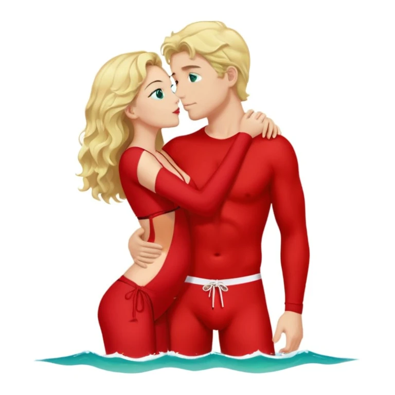 Red Bikini Green eyes blonde wavy Hair Kissing man blue eyes black hair whole Body Background sea emoji