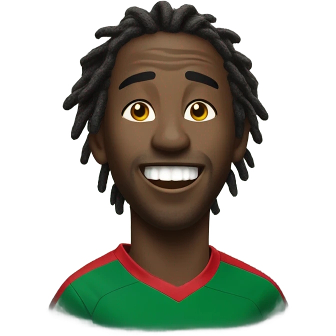 black man- short dread locks-  no facial hair laughing Portugal jersey lean crazy smile  emoji