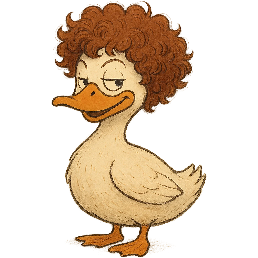 ghibli style duck with Jeff Ross's curly hair, looking witty emoji