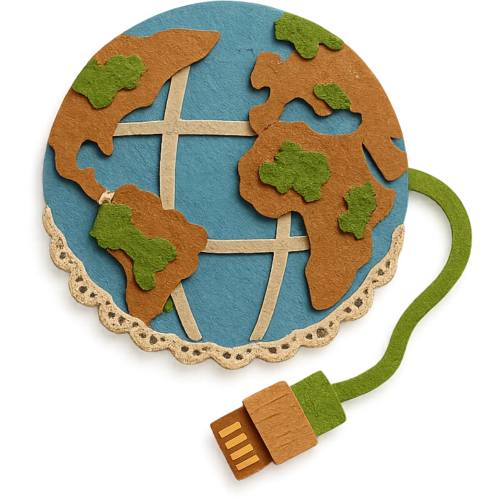 rustic cottagecore version of Internet globe icon, globe with embroidered continents lace trim moss, vine as ethernet cable, wooden connector, soft pastel palette emoji