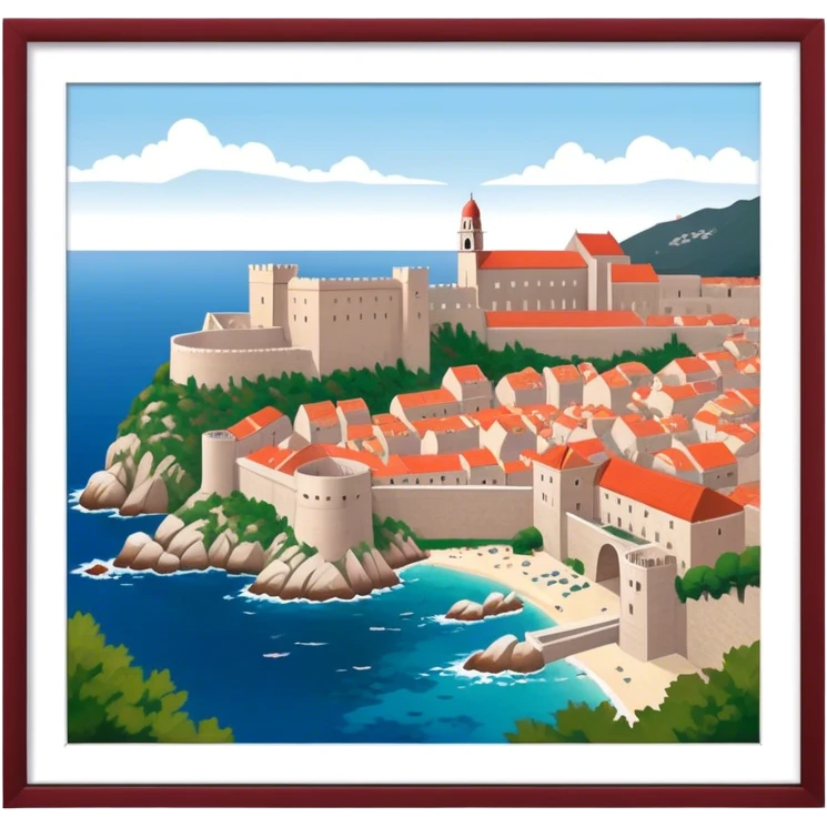 Cinematic Realistic Dubrovnik Landmark Emoji, depicted with historic fortified walls and red‚Äêtiled roofs rendered with intricate detail and dynamic, coastal lighting. emoji