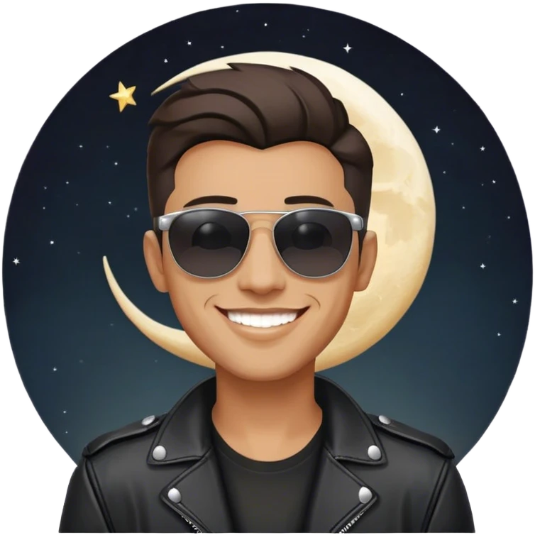 Man grinning with white crescent moon head and sunglasses and black leather jacket  emoji