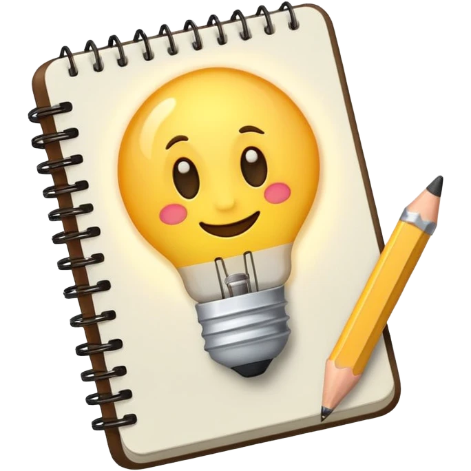 Emoji of a notebook with a pencil and a glowing lightbulb on the cover, iPhone emoji style. Flat design, smooth gradients, rounded edges, soft shadows, clean look, white background. emoji