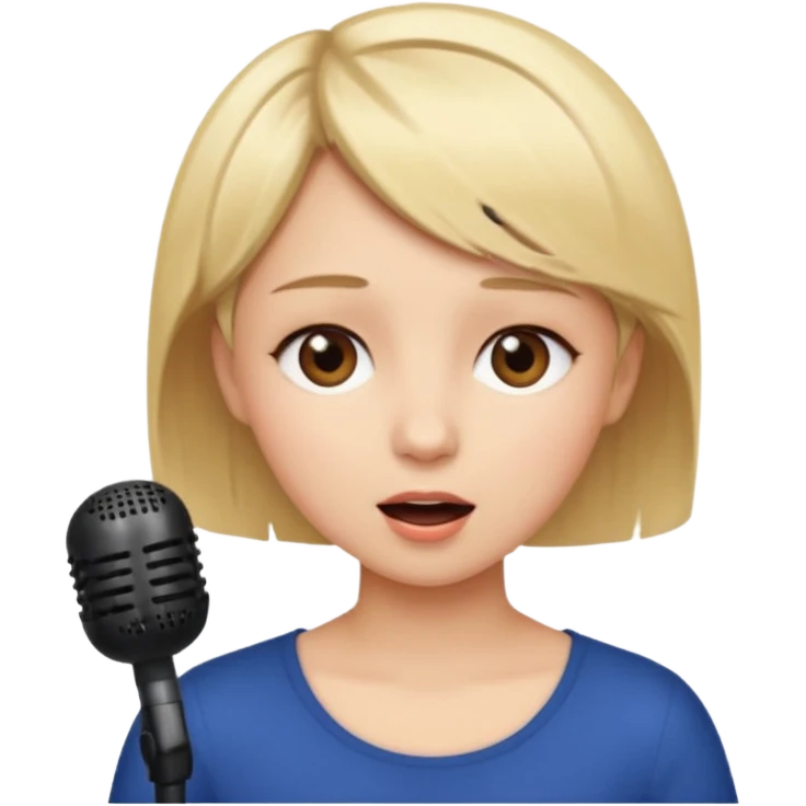 Crea una chica cantando con pelo rubio corto con ojos cafes  emoji