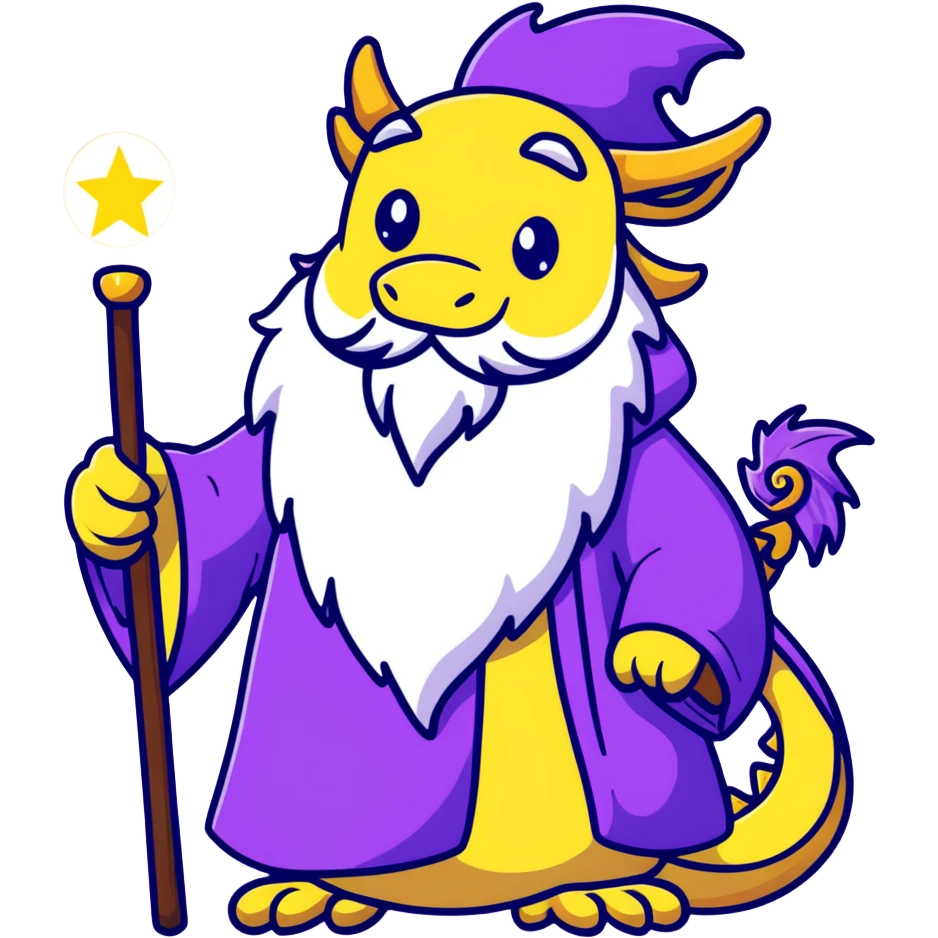A wise old dragon wizard with a long beard, starry purple robes, and a glowing magic staff emoji