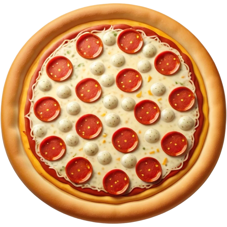 "A whole pepperoni pizza, hyper-realistic, glossy 3D illustration, soft studio lighting, bright red pepperonis, yellow cheese, brown crust, white background, iOS emoji style." emoji