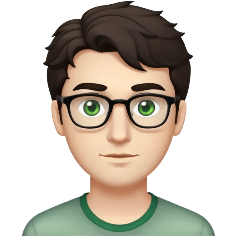 young man with pale skin, larger face, bigger nose, thick dark eyebrows, dark tall voluminous slightly wavy hair styled up high on head but not curly, wearing glasses with green eyes and very light stubble, with a slight smile emoji