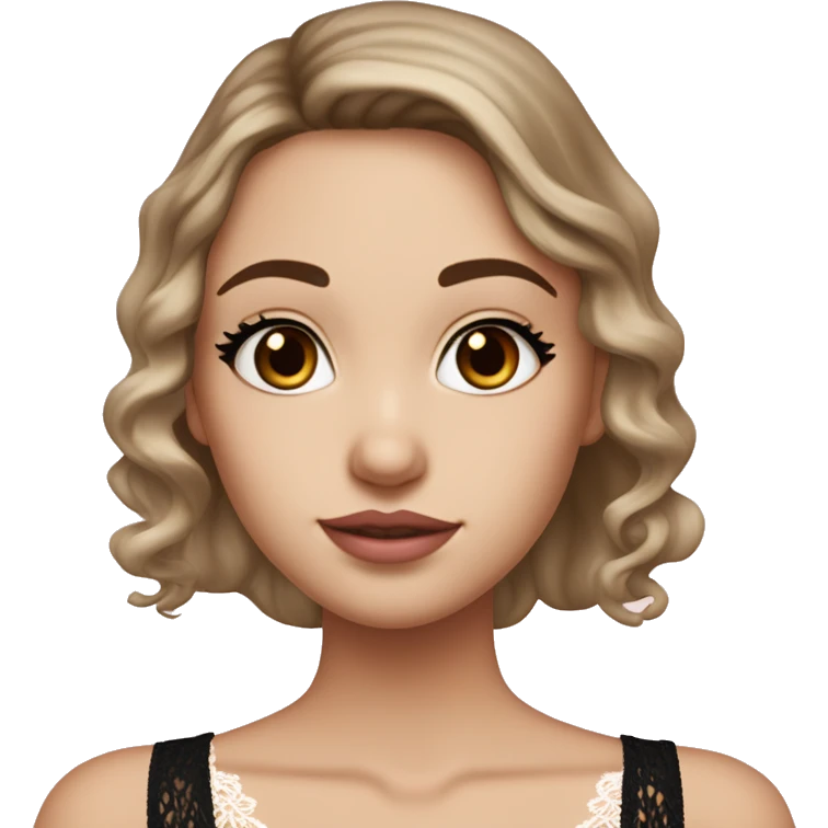fair-skinned girl with black, slim shaped eyes and long lashes. long, dark brown hair In a wavy/blowout style. wearing a delicate white lace tank top and a dainty gold necklace, plump light pink lips. emoji