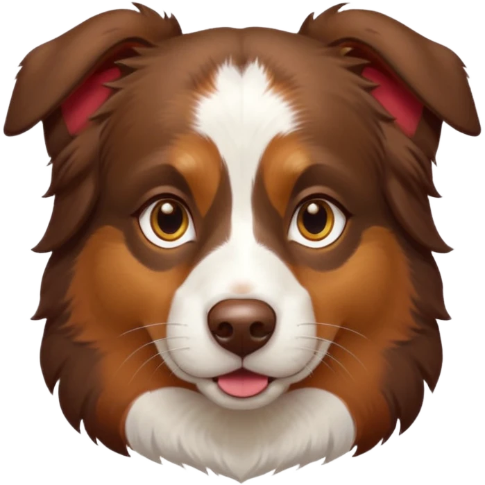 A tri color Australian shepherd with a chocolate brown base coat, red/gold fur on his eyebrows and snout/cheeks, a white chest, and gold eyes. No white on his face, only brown and gold. emoji