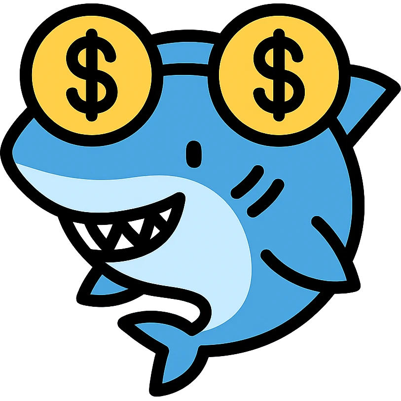 cartoon shark with money glasses, colored icon emoji