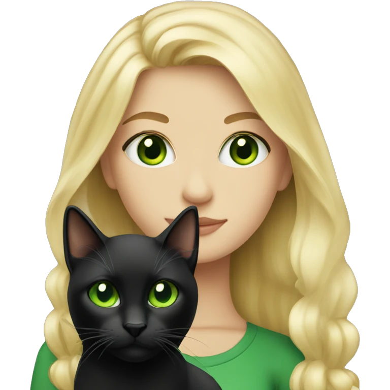 Blonde green eyed girl with black cat emoji