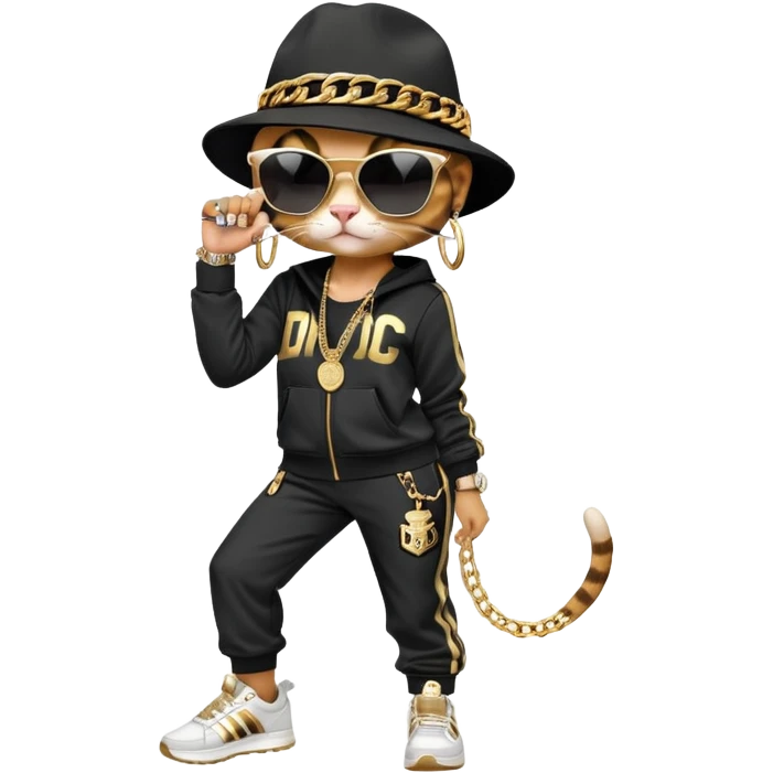 female cat wearing Run DMC hip-hop outfit with tracksuit, fedora, Adidas sneakers, dark sunglasses, many gold chains, rings, bracelets, flashy earrings, upright pose emoji