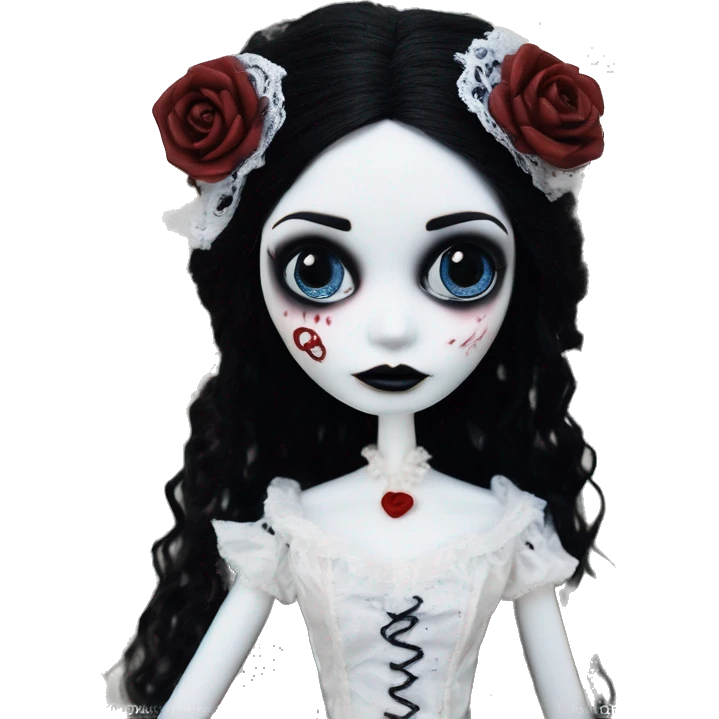 full height, tim burton "corpse bride", porcelain doll with a cracked face, goth makeup watery eyes, long hair, lace and ruffles, lolita style, inked, black and white, red roses emoji