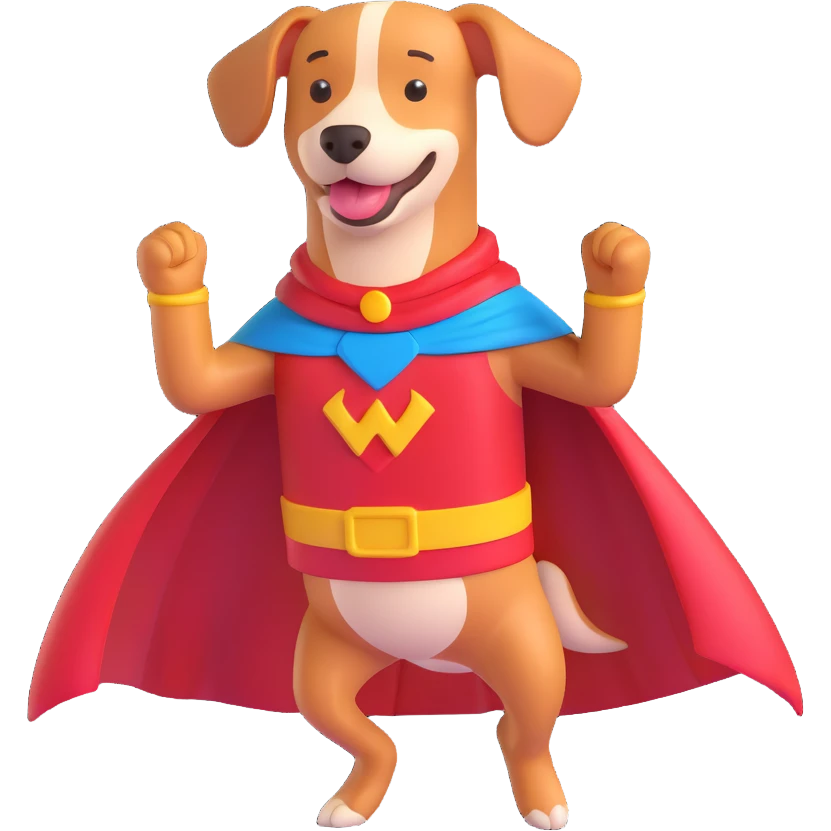 a hot dog dressed as Superman, with a cape and superhero pose emoji