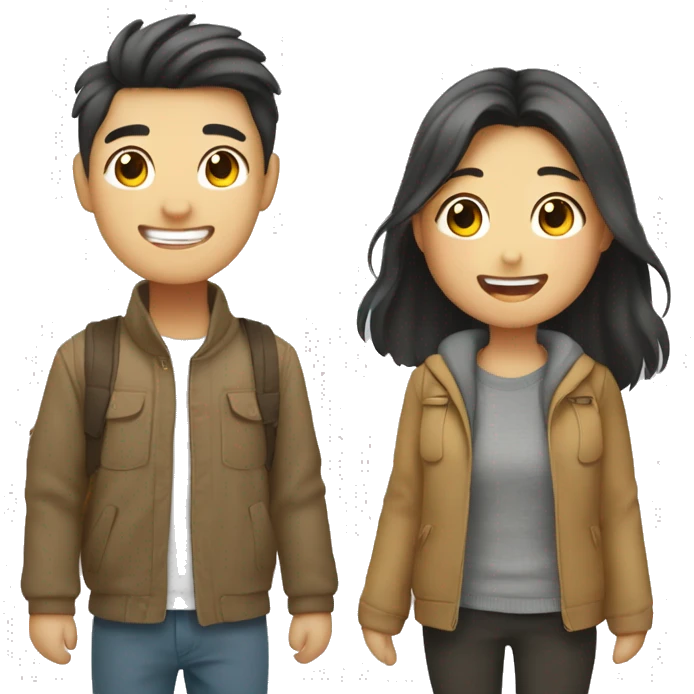 Cute Asian couple (girl with wavy long hair guy with short straight hair) excitedly traveling  emoji
