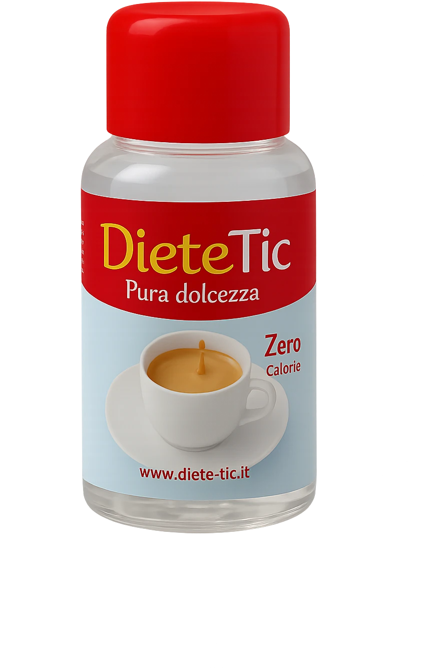 BOCCETTA DI DOLCIFICANTE LIQUIDO CON LA SCRITTA "DIETE-TIC" SULL'ETICHETTA FLUTTUA IN ARIA emoji