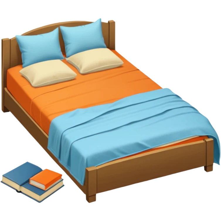 bed with a wrinkled light blue blanket, cream mattress, and one pillow out of place on the floor. Around the bed, scattered items include an orange t-shirt, greenish-blue pants, and an open book on the floor. The background is transparent emoji