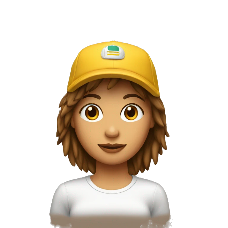 Chica con pelo castaño y flequillo con gorra emoji