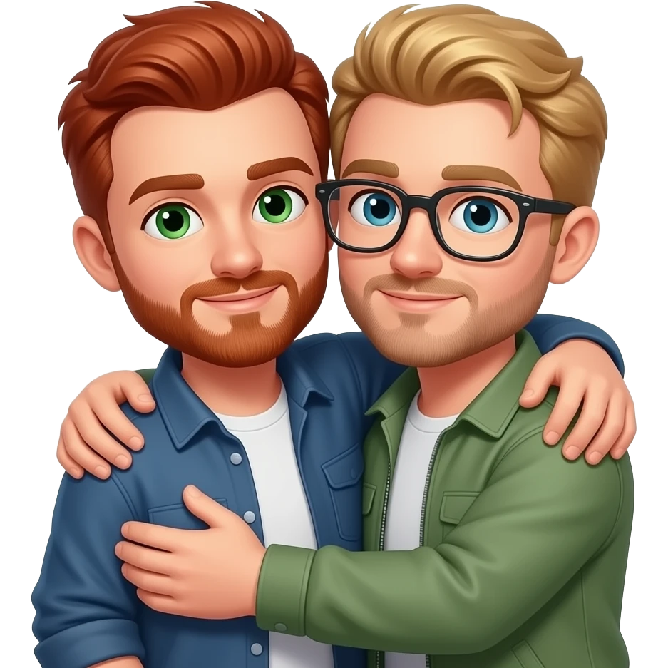 man with short red hair and green eyes, short beard hugging his partner who has blond hair and short beard and wears glasses emoji