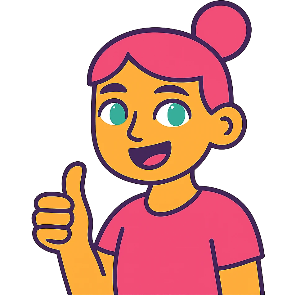 girl with pink topknot haircut and green eyes giving a thumbs up emoji