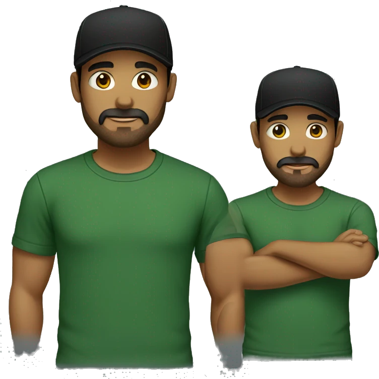 brown man with a dark beard, dark eyes, dark green t-shirt and a BLACK BLACK cap emoji
