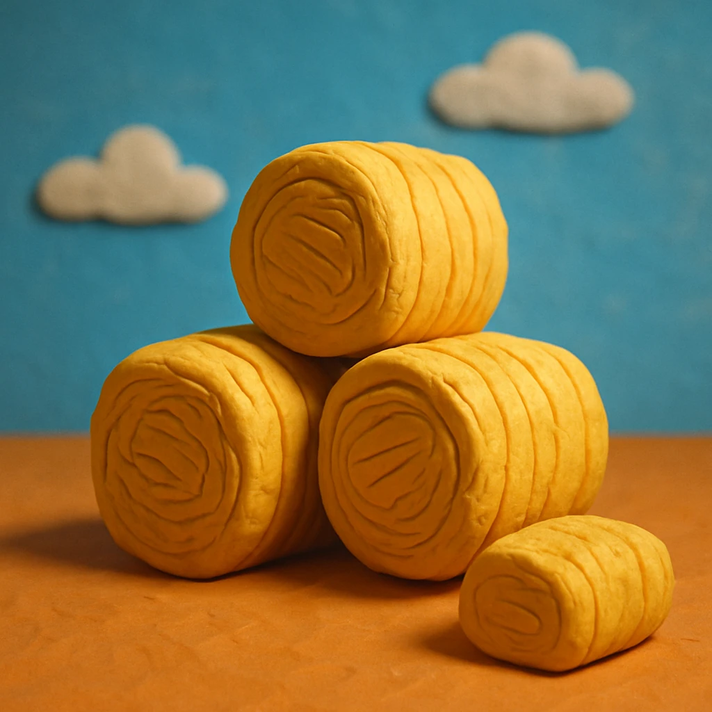 stacked hay bales with a blue sky background, playful and colorful, claymation style emoji