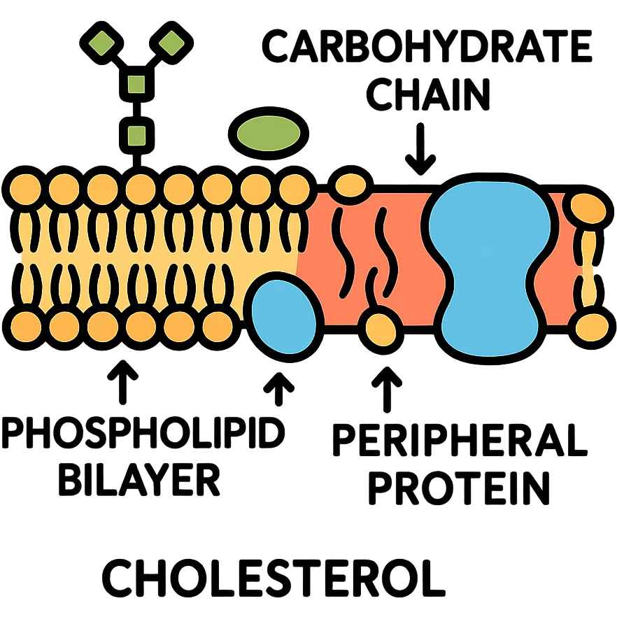 scientific diagram style biomembrane cross-section showing phospholipid bilayer, integral and peripheral proteins, cholesterol, carbohydrate chains, clear labeling and arrows emoji