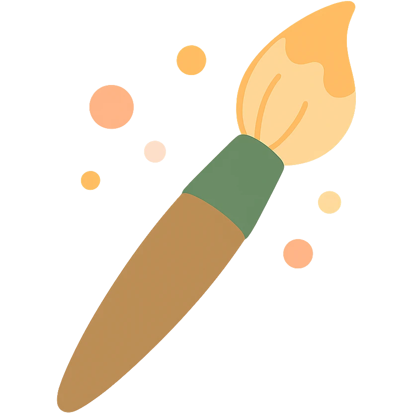 A cute and whimsical artist's paintbrush with a soft and cozy design, featuring a warm color palette: golden orange (FA9B41), deep forest green (4A7C5C), muted taupe brown (96775A), and pastel peach (FFCC9A). The brush has a delicate wooden handle in muted brown, with the bristles slightly fanned out, holding a touch of paint in shades of peach and orange. The tip of the brush is dipped in a soft golden hue, and tiny splashes of paint in the palette’s colors are gently scattered around. The overall mood is playful, artistic, and charming, evoking a sense of creativity and warmth. emoji