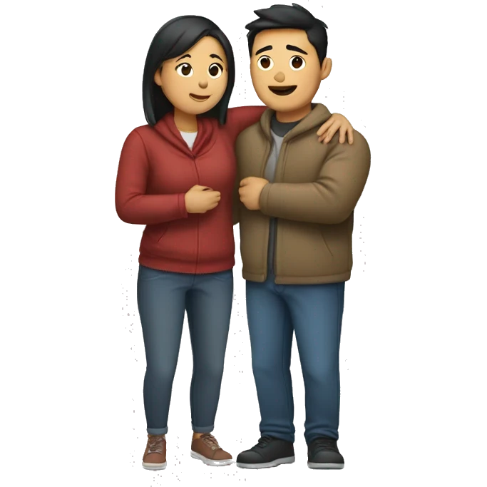 An Asian woman hugs him from the right and an Asian man hugs him from the left emoji