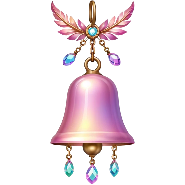 PInk iridescent Bell with chained hanging crystals and feathers emoji