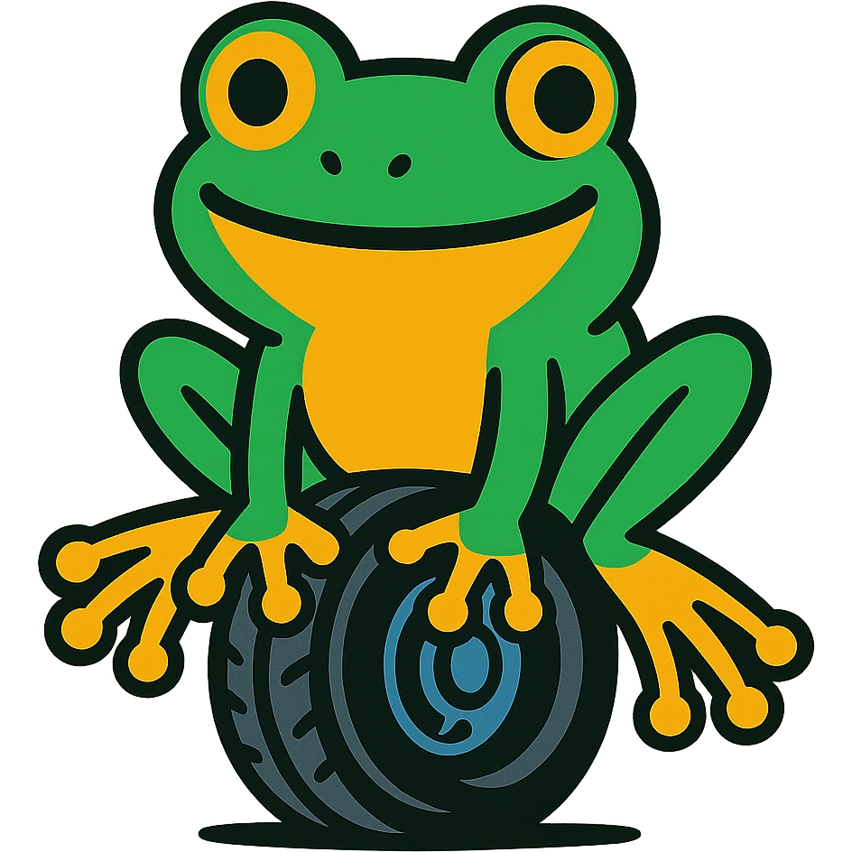 vibrant toon style frog head on a tire with legs growing emoji