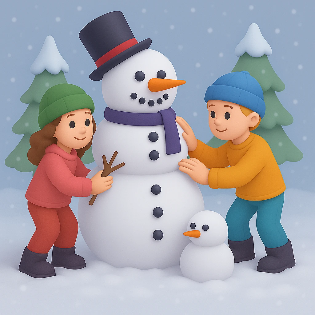 Show two different kids (different hair and clothing colors) building a snowman in a snowy background, keep the 3D emoji style emoji