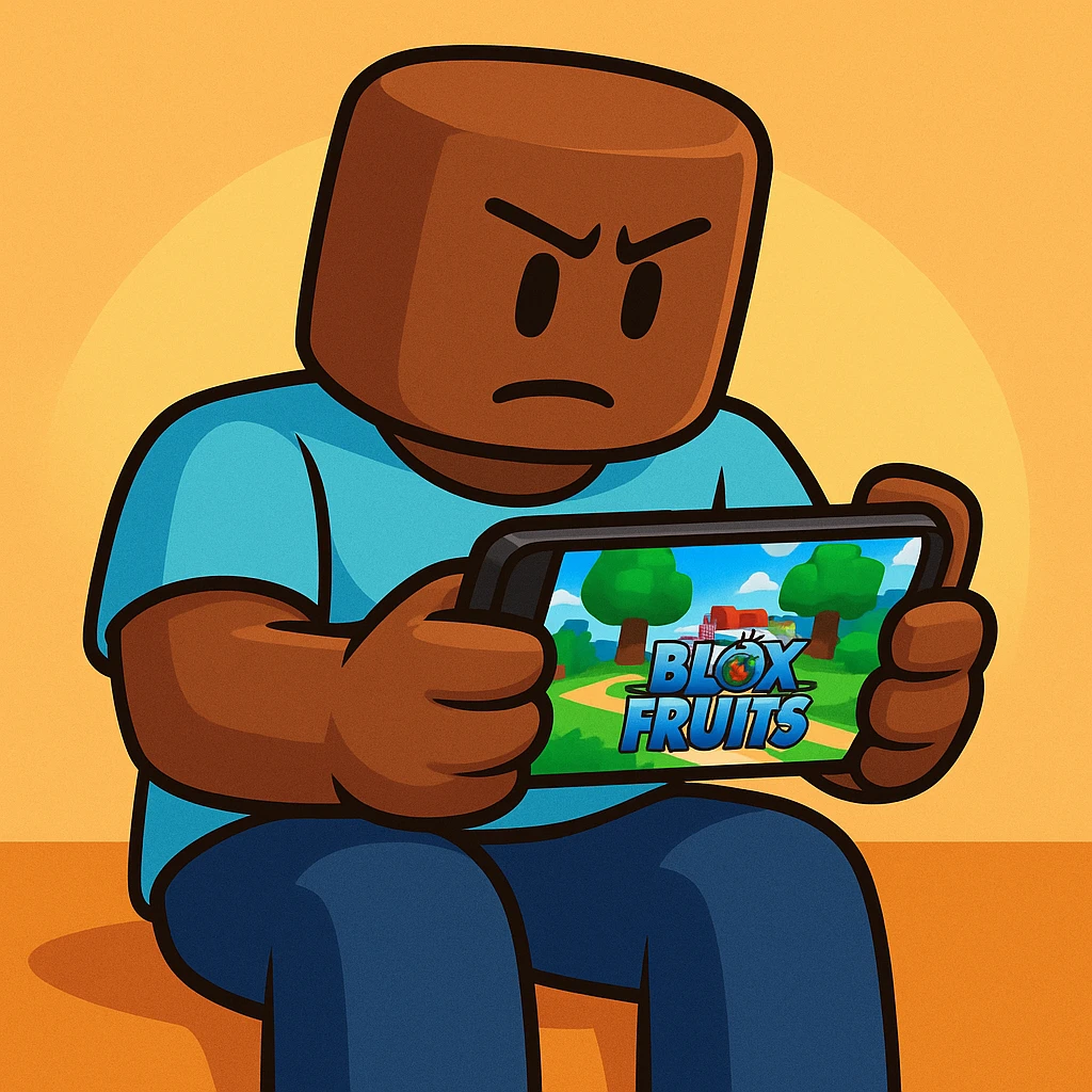 Cancer playing Blox Fruits on phone, Roblox style, brown character emoji