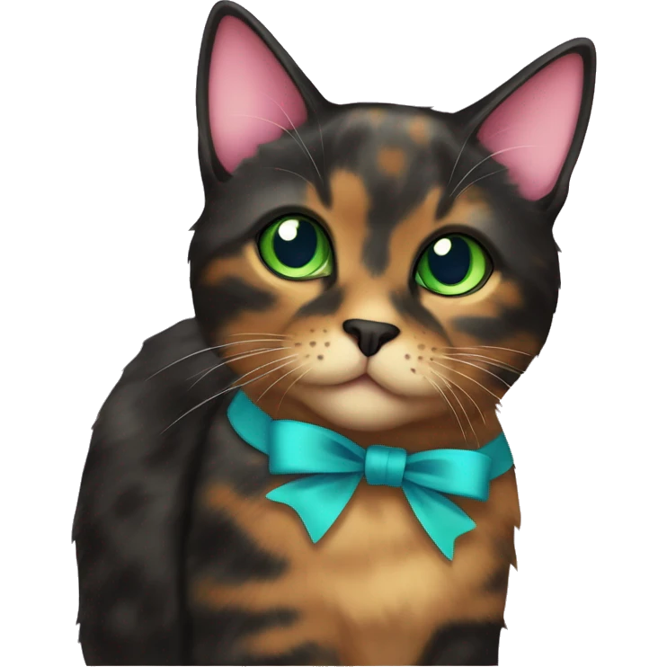 tortoiseshell cat more black furr with green-blue eyes and a pink bow collar emoji