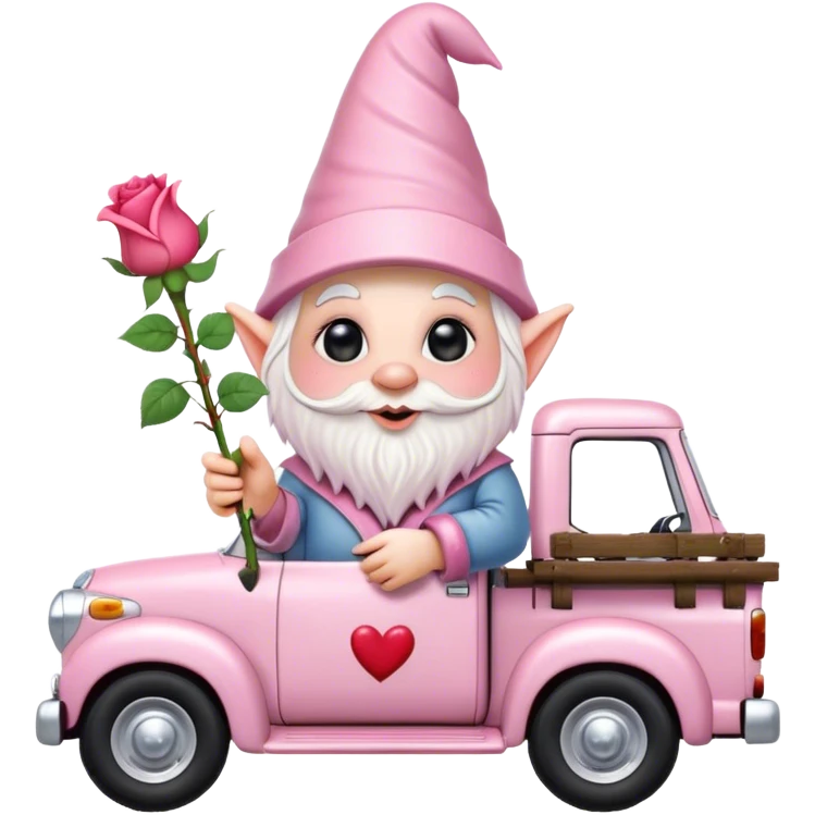 An adorable little pale pink Valentine’s Day style gnome with large glistening eyes, holding a rose with hearts in the background riding in the back of a beat up old pick up truck emoji