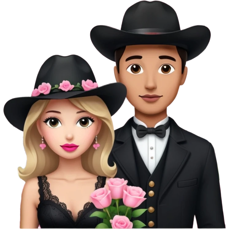 man with black cowboy hat and elegant woman, Eiffel Tower in background, pink delicate flowers emoji