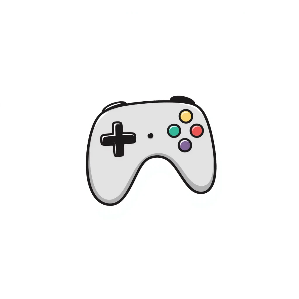 A video game controller/joystick with buttons and D-pad in pastel colors (dd9fb0, ffc6d3, a3bfc9, c4bee2, f1b091), hand-drawn doodle style emoji