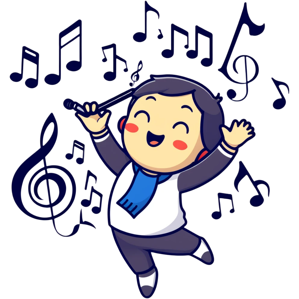 Ruko Yokune in singing pose with musical notes, colorful cartoonish sticker style emoji
