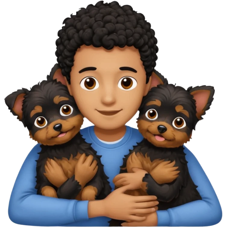 Young man with little brown skin, black curly hair, cheerful dark brown eyes, hugging two yorkie adult emoji