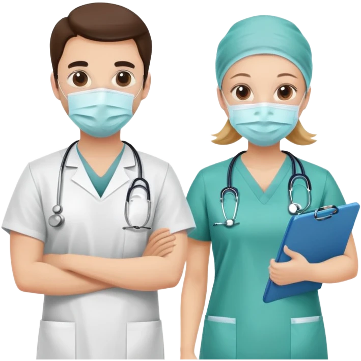 Doctor with surgical mask and scrubs next to another doctor with clipboard emoji