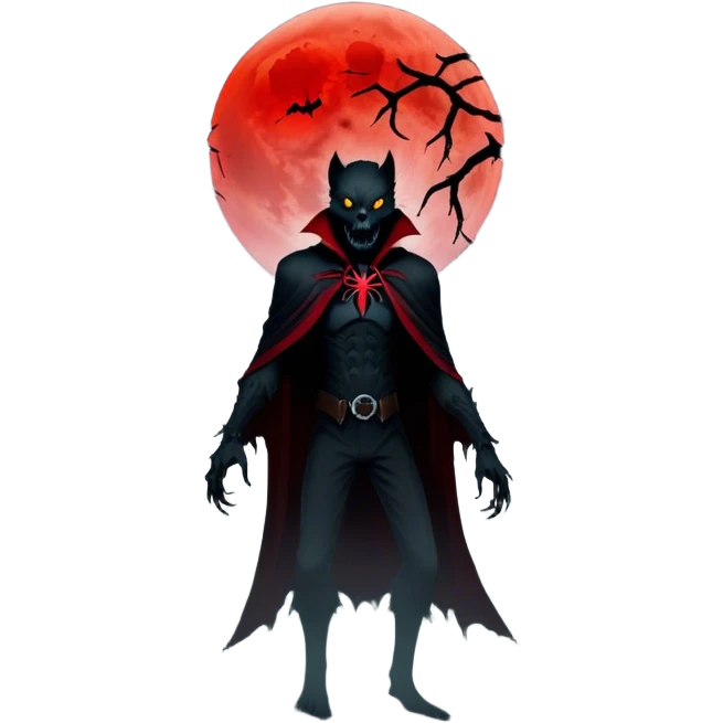 Icon for Horror Movies: A chilling collage with a monstrous werewolf or vampire, dark silhouettes, eerie graveyards, and creepy elements like spiders and tombstones. Ghostly fog surrounds, with a blood-red moon in the sky. The atmosphere is unsettling, eerie, and haunting. Transparent background. emoji