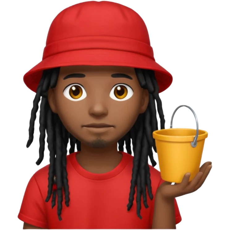 dark brown skin, black hair dreadlocks, wear red t-shirt, black bucket hat emoji