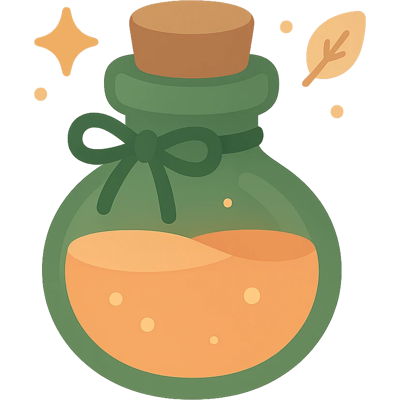 "A cute potion bottle with a whimsical and cozy design, featuring soft and warm colors: golden orange (FA9B41), deep forest green (4A7C5C), muted taupe brown (96775A), and pastel peach (FFCC9A). The bottle is small, round, and slightly vintage in style, with a cork stopper and a delicate ribbon tied around its neck. The potion inside glows faintly with a peachy-orange hue. Surroundings include soft lighting and a magical atmosphere, possibly with sparkles or tiny floating leaves, emphasizing a warm and enchanting mood. The style is charming, storybook-like, and detailed emoji