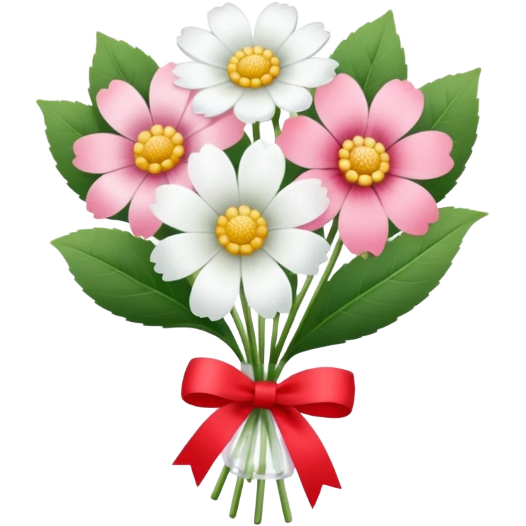 One pink flower and one white flower in transparent bouquet with red band  emoji