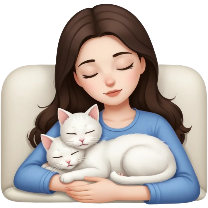 White kitty sleeping on brunette white girl's lap emoji